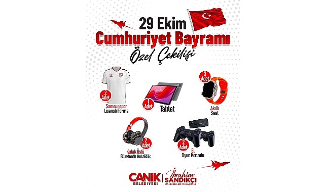 Canik Belediyesi’nin düzenlediği 29 Ekim Cumhuriyet Bayramı özel çekilişiyle vatandaşlar hediyelerle buluşuyor.